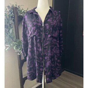 Rock & Republic Zip Up Front Purple Black Floral Roll Tab Sleeves XXL